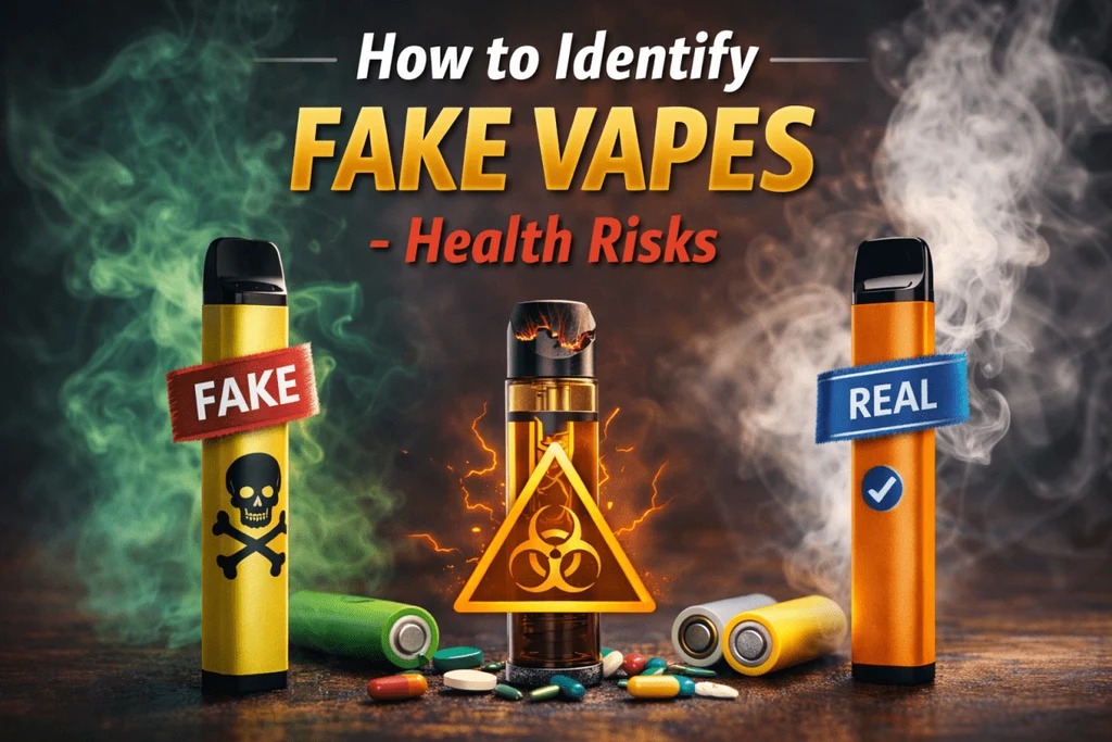 A comparison between a genuine and a counterfeit vape cartridge, illustrating how to spot fake NN DMT cartridges when buying in Toronto.